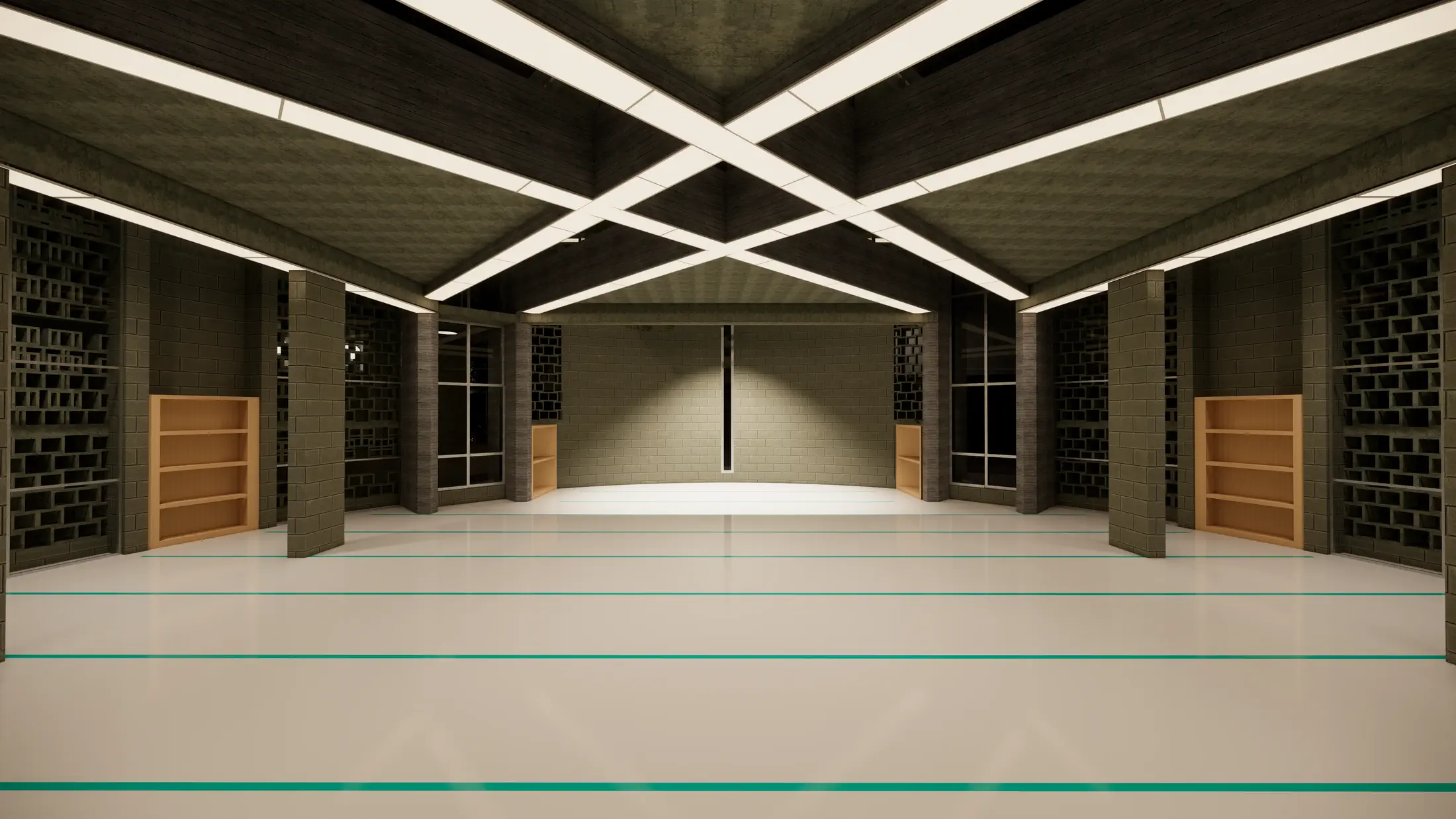 Mosque prayer hall interior: Qibla wall with Mihrab, strip skylight, lattice screens