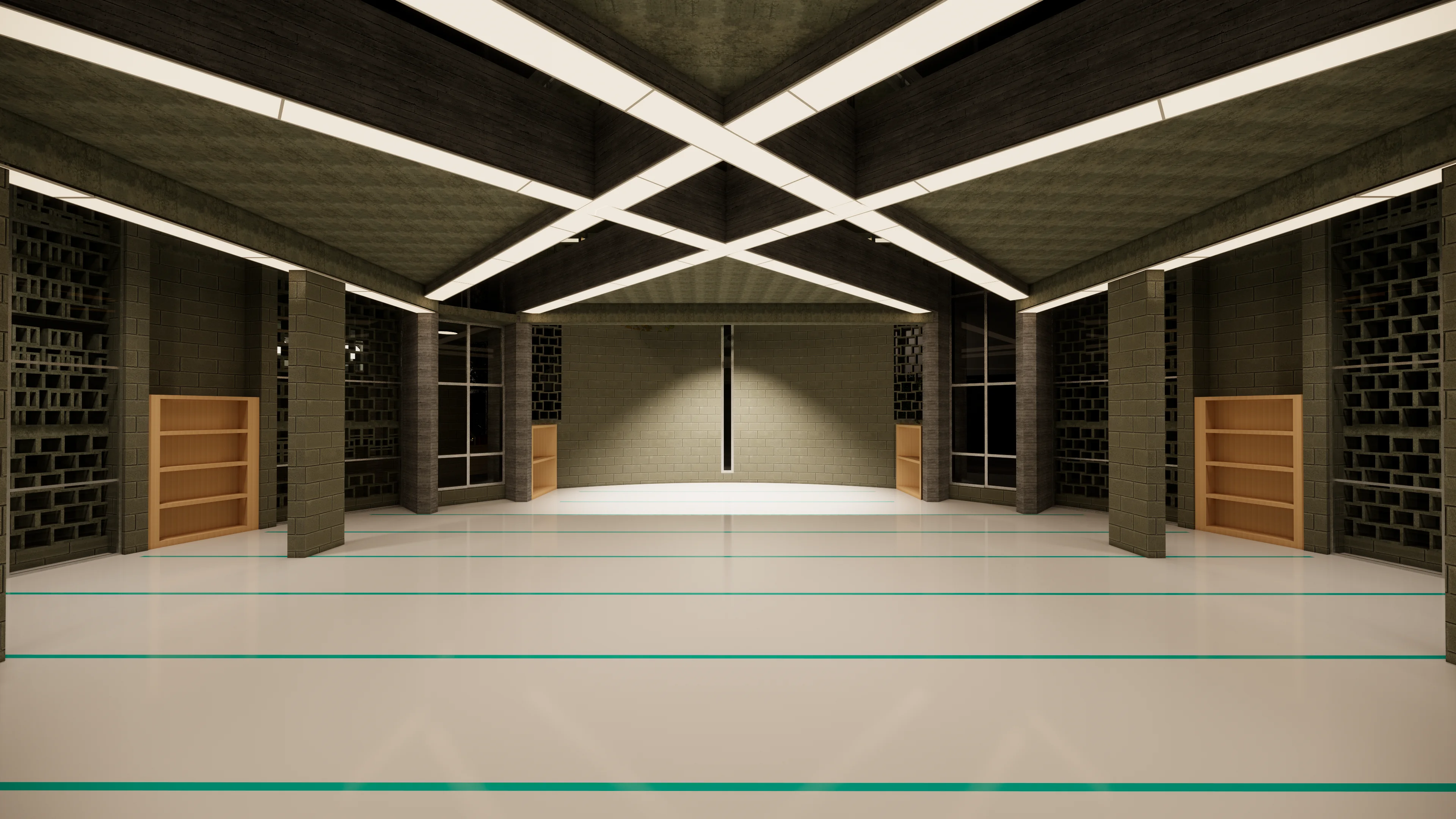 Mosque prayer hall interior: Qibla wall with Mihrab, strip skylight, lattice screens