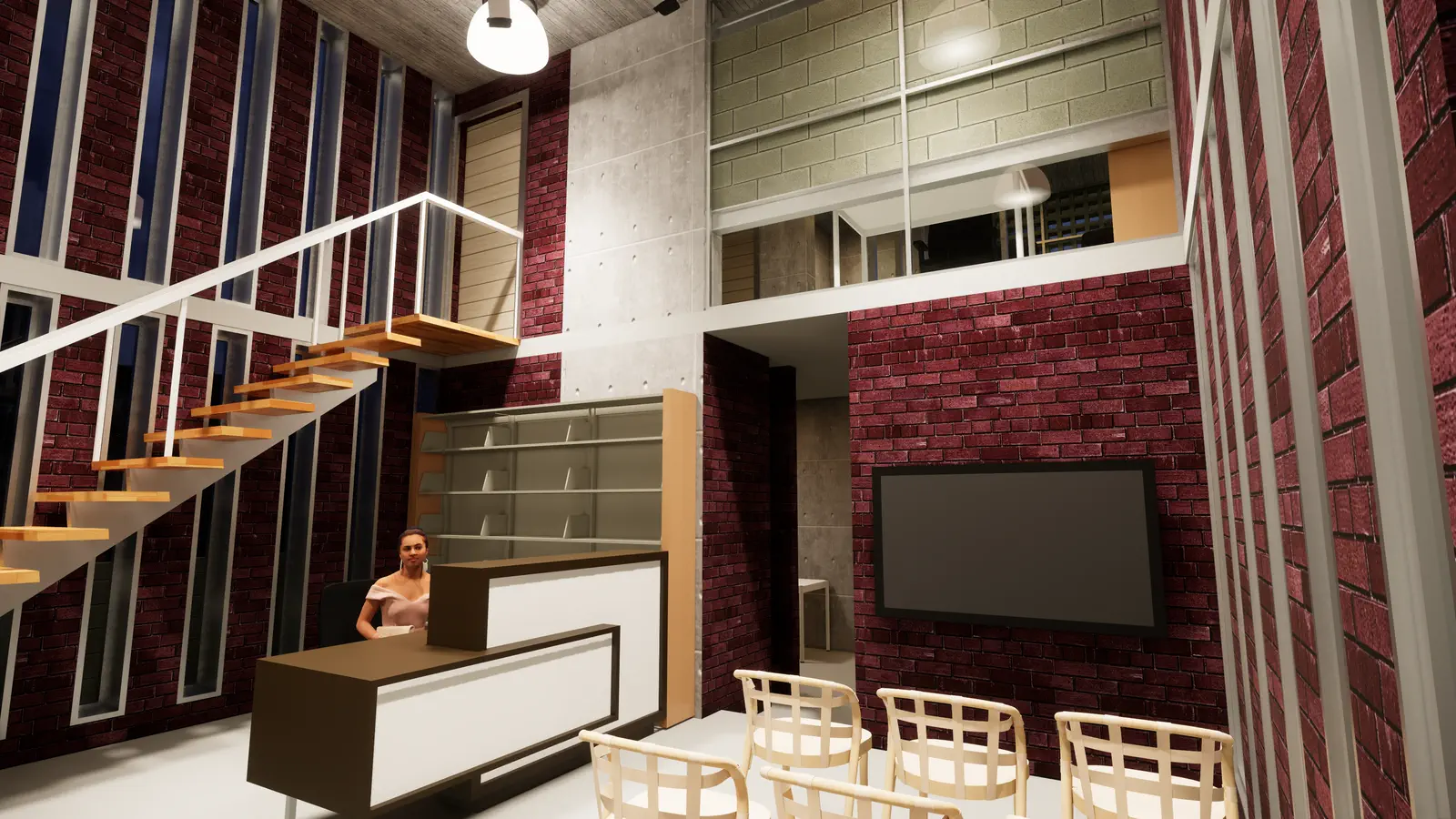 Gatehouse interior: reception desk, stairs, and display wall