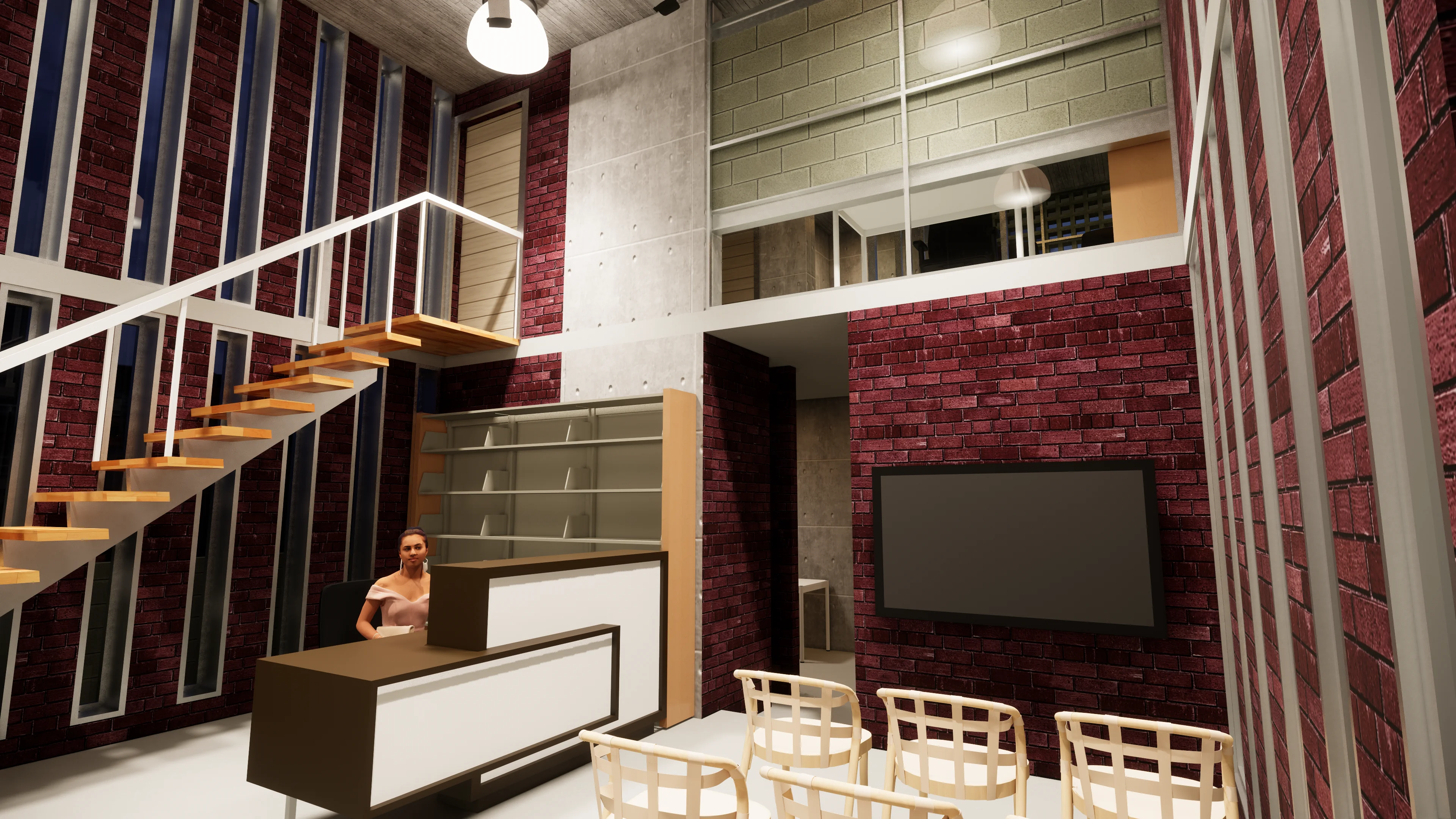 Gatehouse interior: reception desk, stairs, and display wall