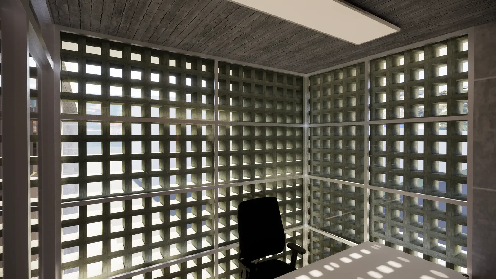 Gatehouse office: lattice block screen wrapping the workspace with filtered natural light