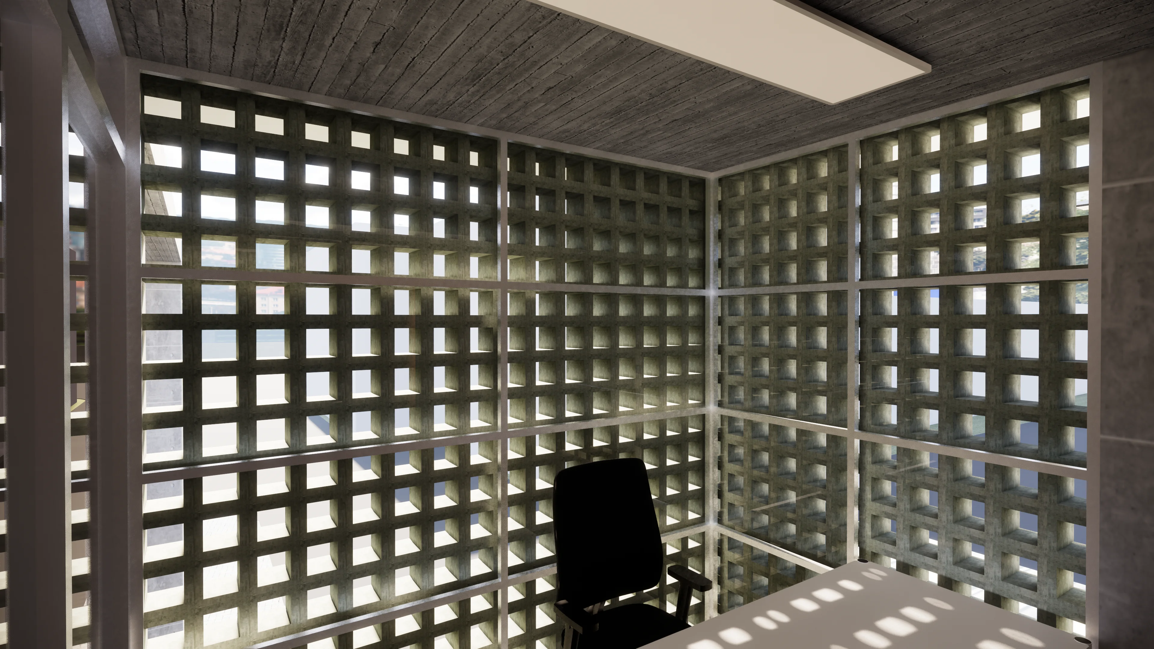 Gatehouse office: lattice block screen wrapping the workspace with filtered natural light