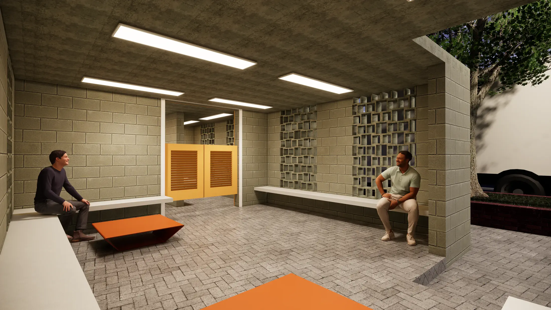Covered waiting area: concrete block columns, benches, and planted seating zone
