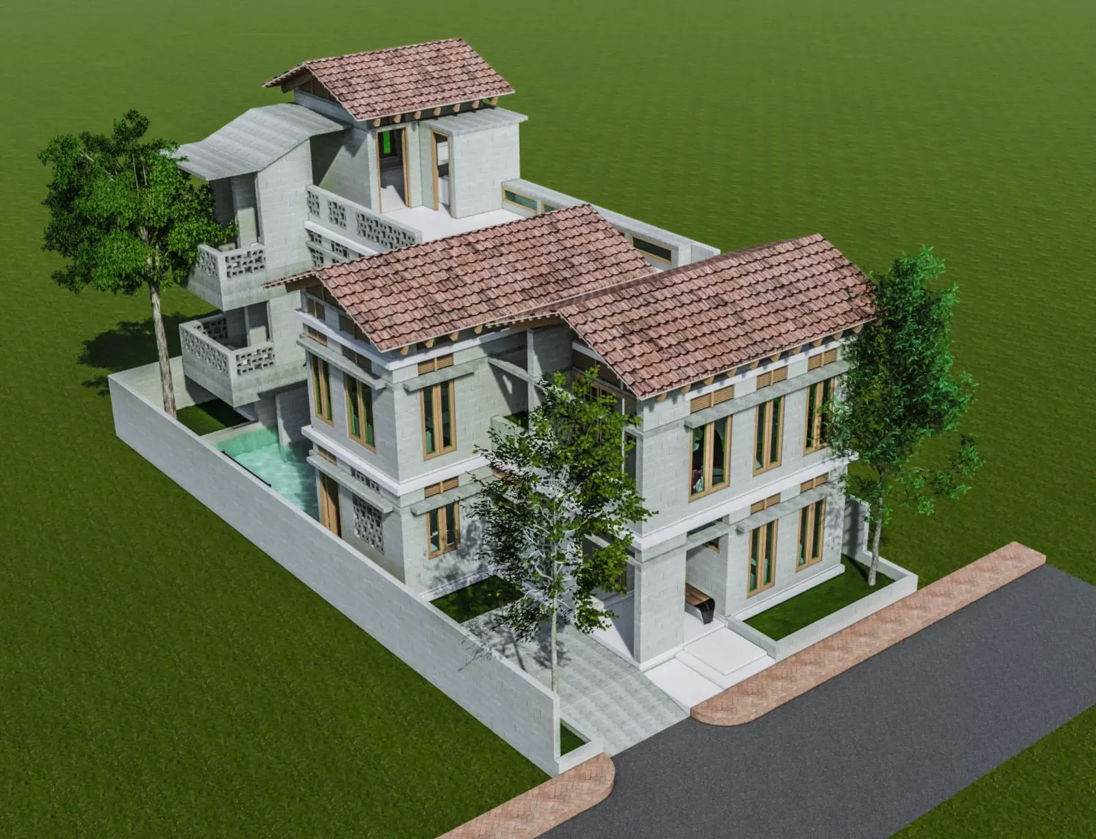 Aerial view from front-right showing pitched roof and pool