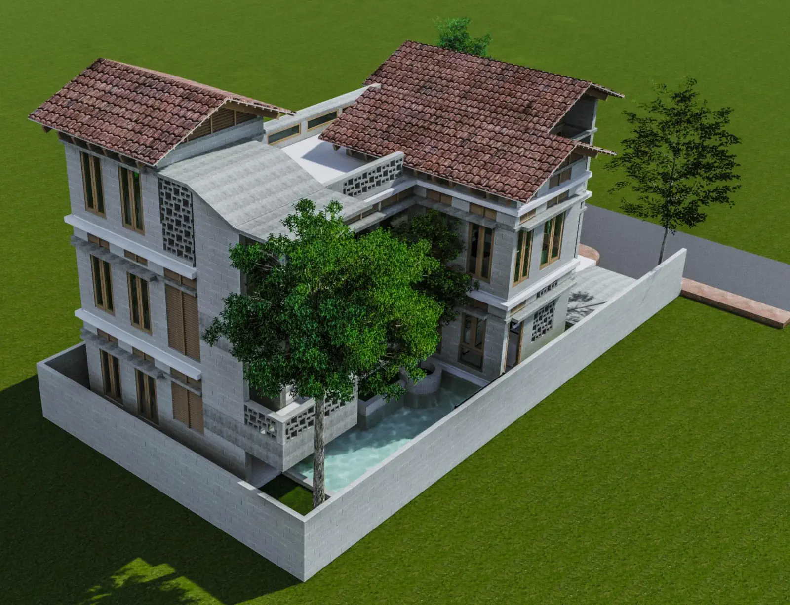 Aerial view from rear showing courtyard and water feature