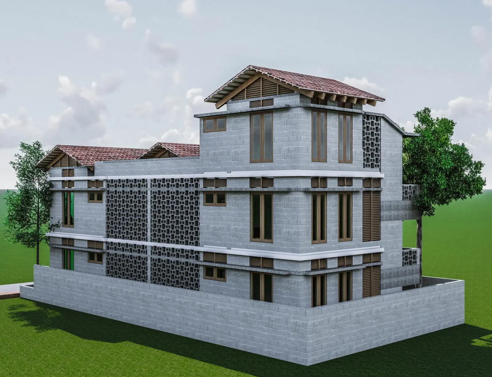 Rear facade with jali screens and timber louvers