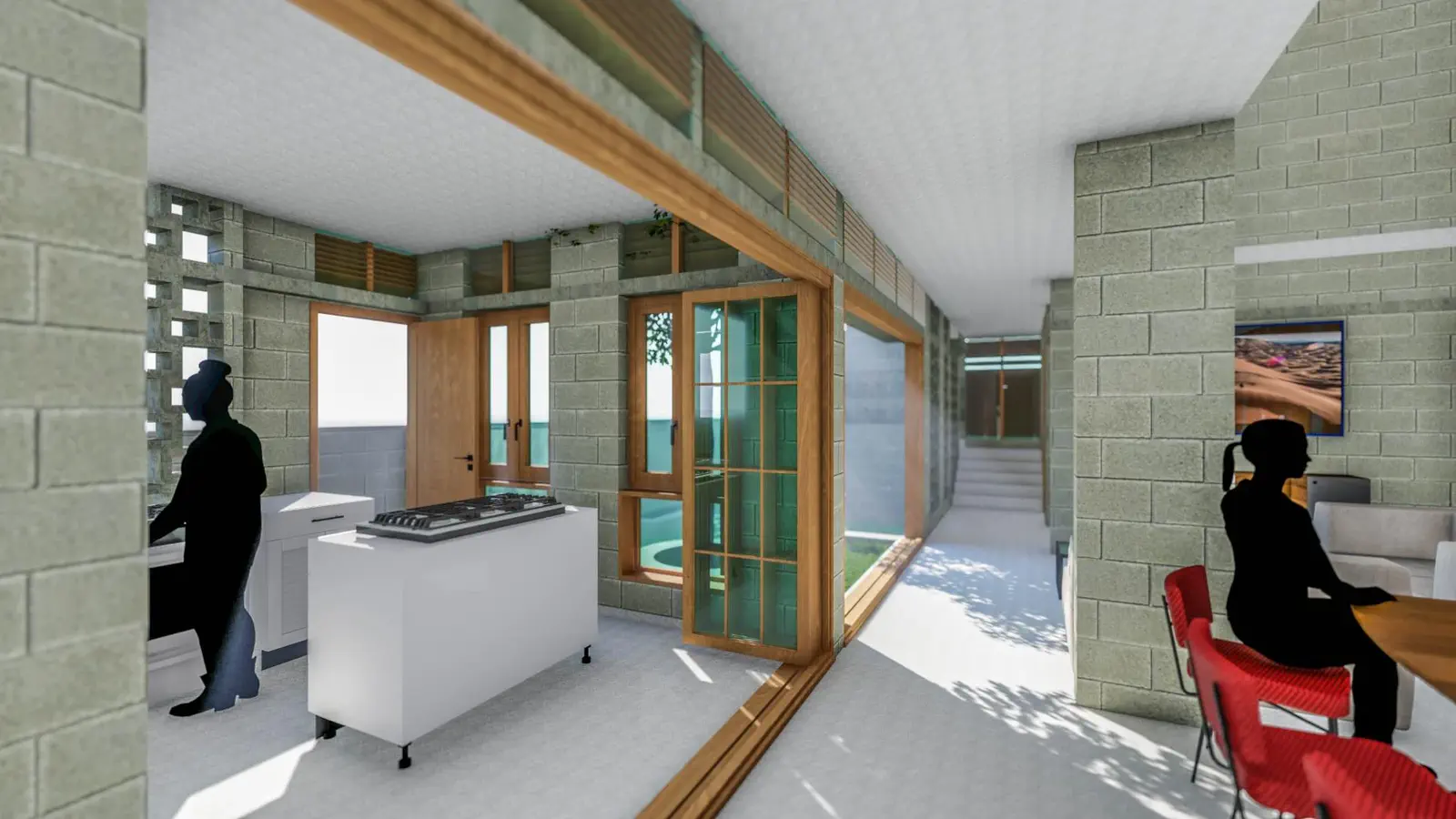 Kitchen and dining area with view toward pool