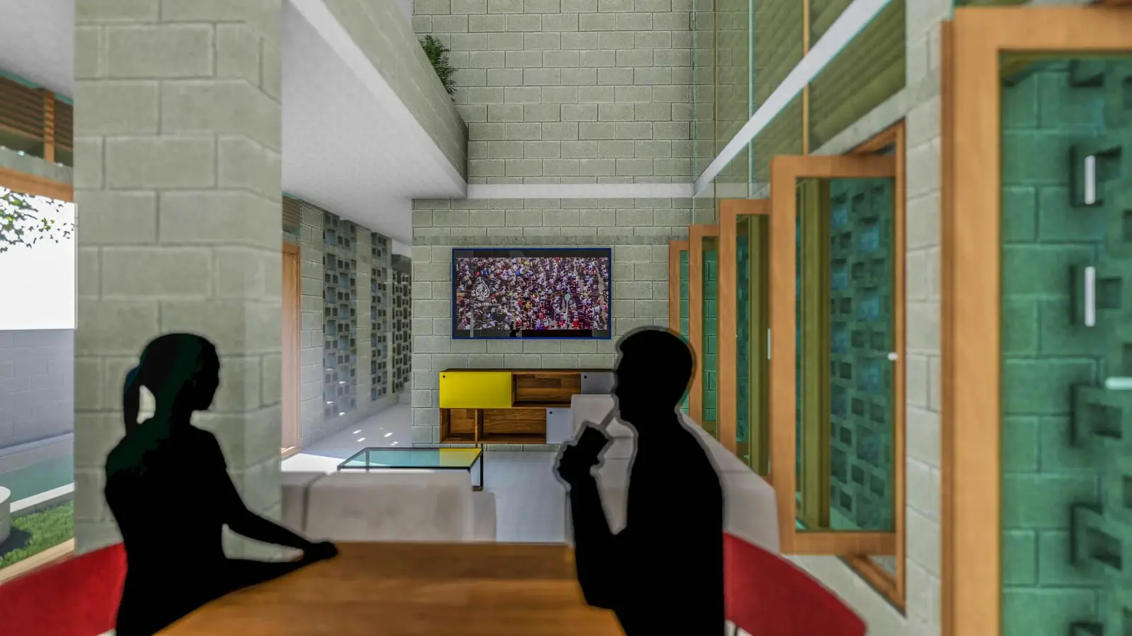 Living room with jali screen wall