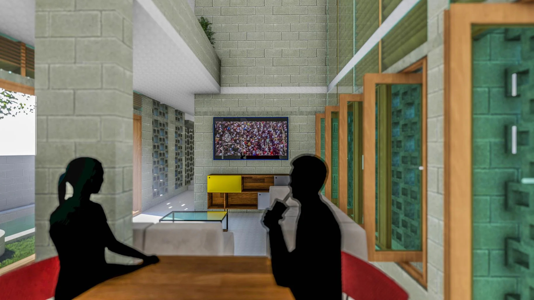 Living room with jali screen wall
