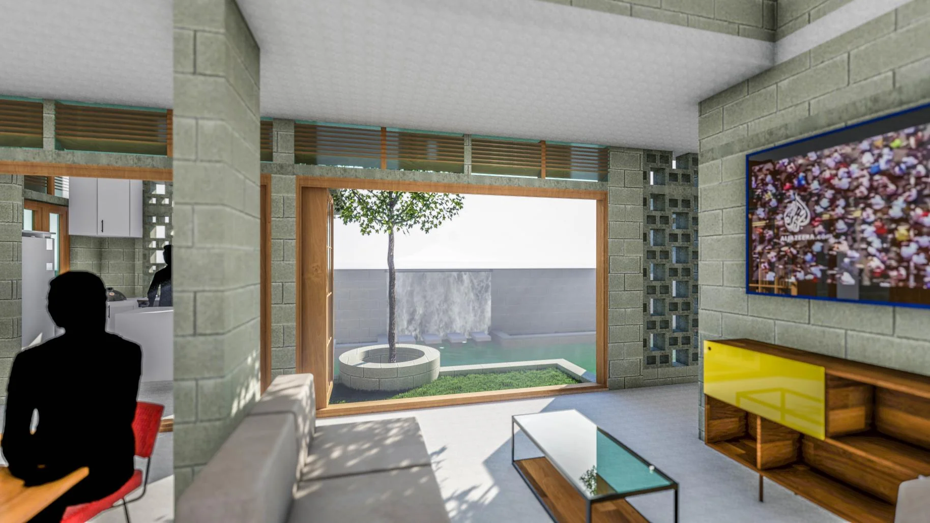 Living room looking toward courtyard water feature