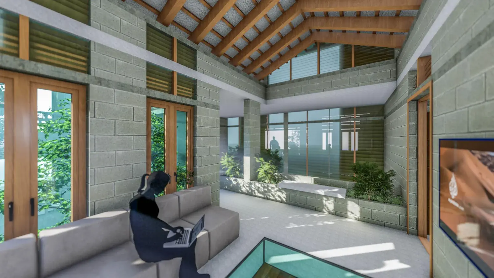 Upper floor sitting area with exposed timber roof structure