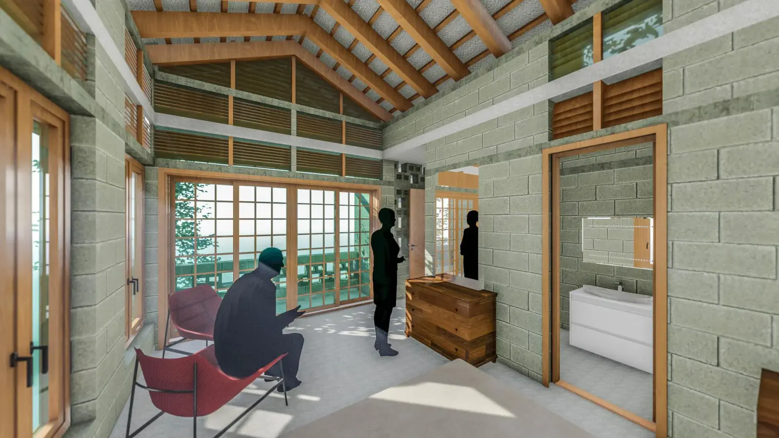 Bedroom with balcony and gridded timber screen