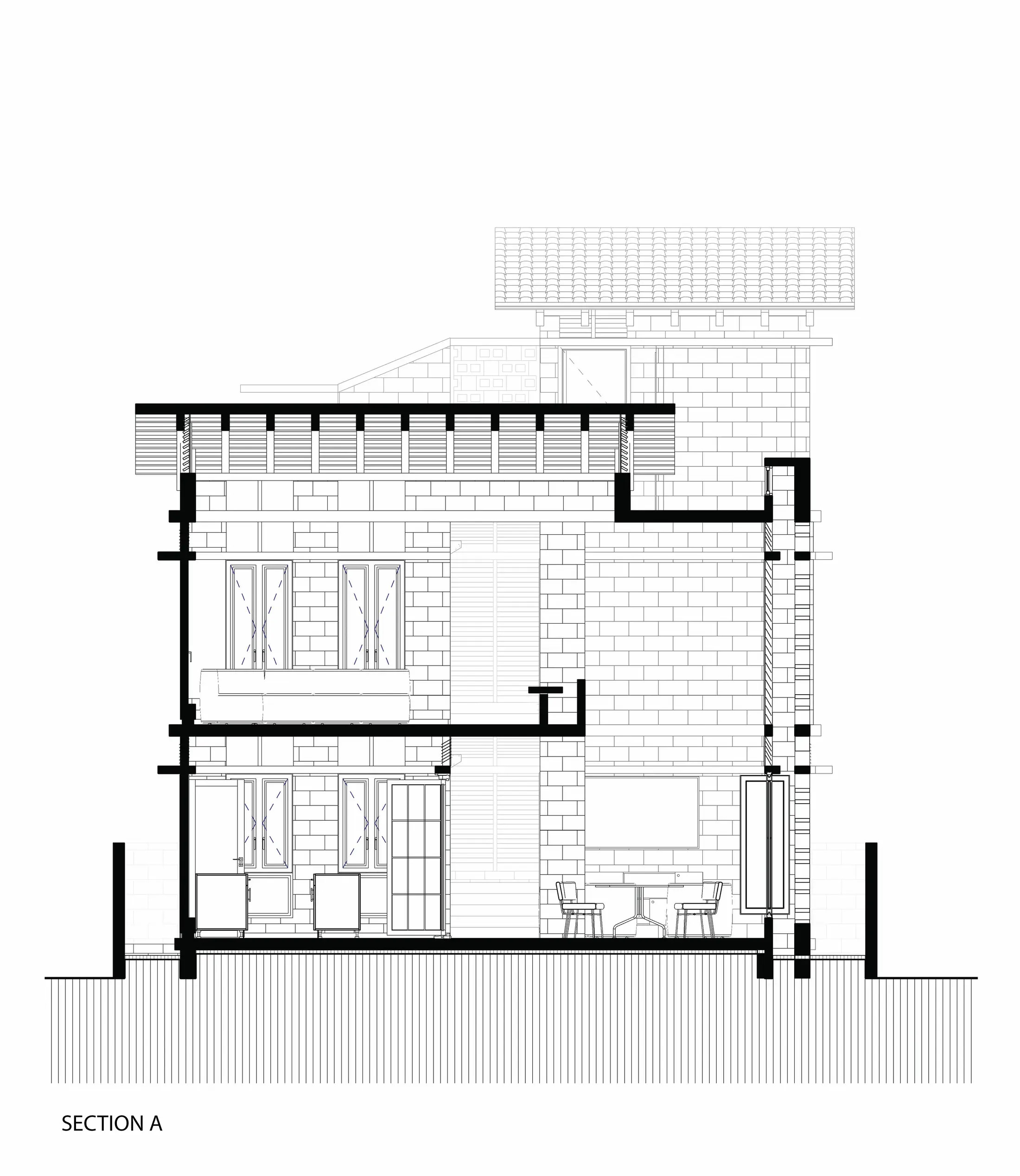 Section A, cross section through courtyard