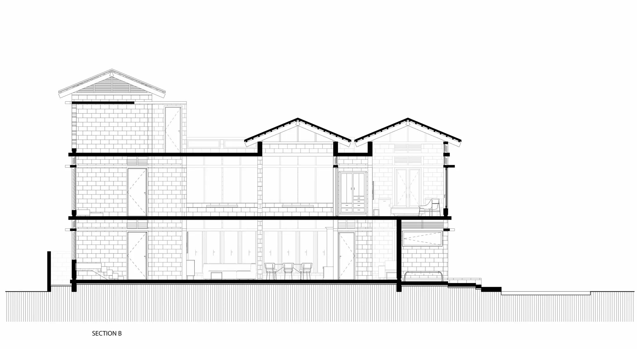 Section B, longitudinal section through living spaces