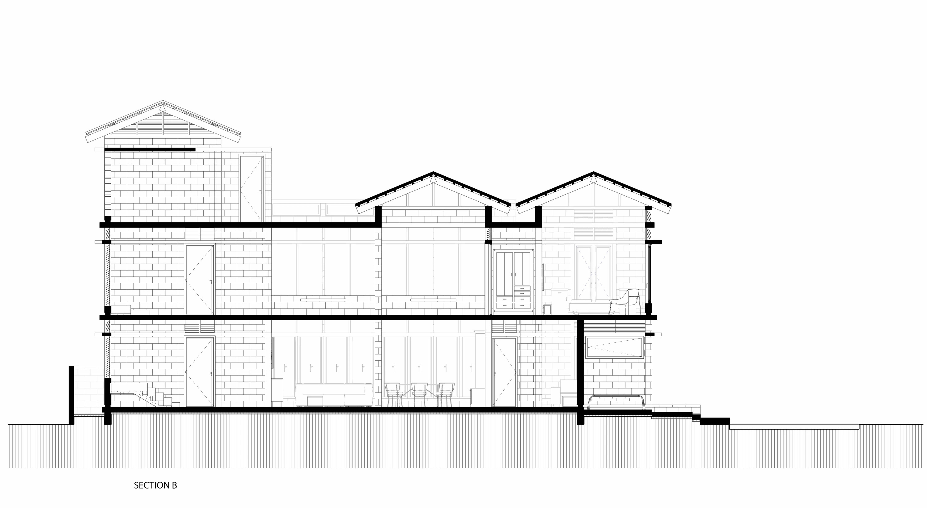 Section B, longitudinal section through living spaces