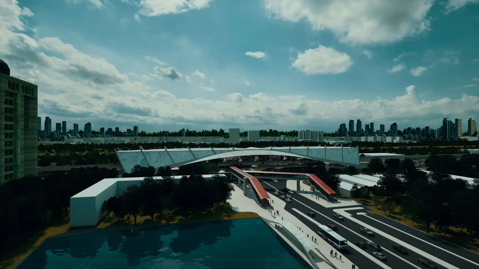 Wide aerial render: the full station form spanning the Agargaon interchange, the ornamental lakes flanking east and west, the butterfly canopy and red circulation spine, Dhaka skyline beyond