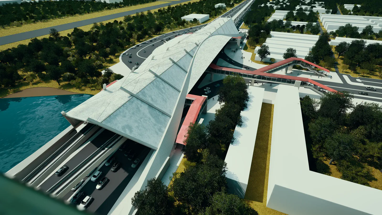 Close aerial render: the station roof and folded canopy structure from directly above, the ornamental lake to the west, the red ramp tracing the elevated pedestrian path from ground to platform