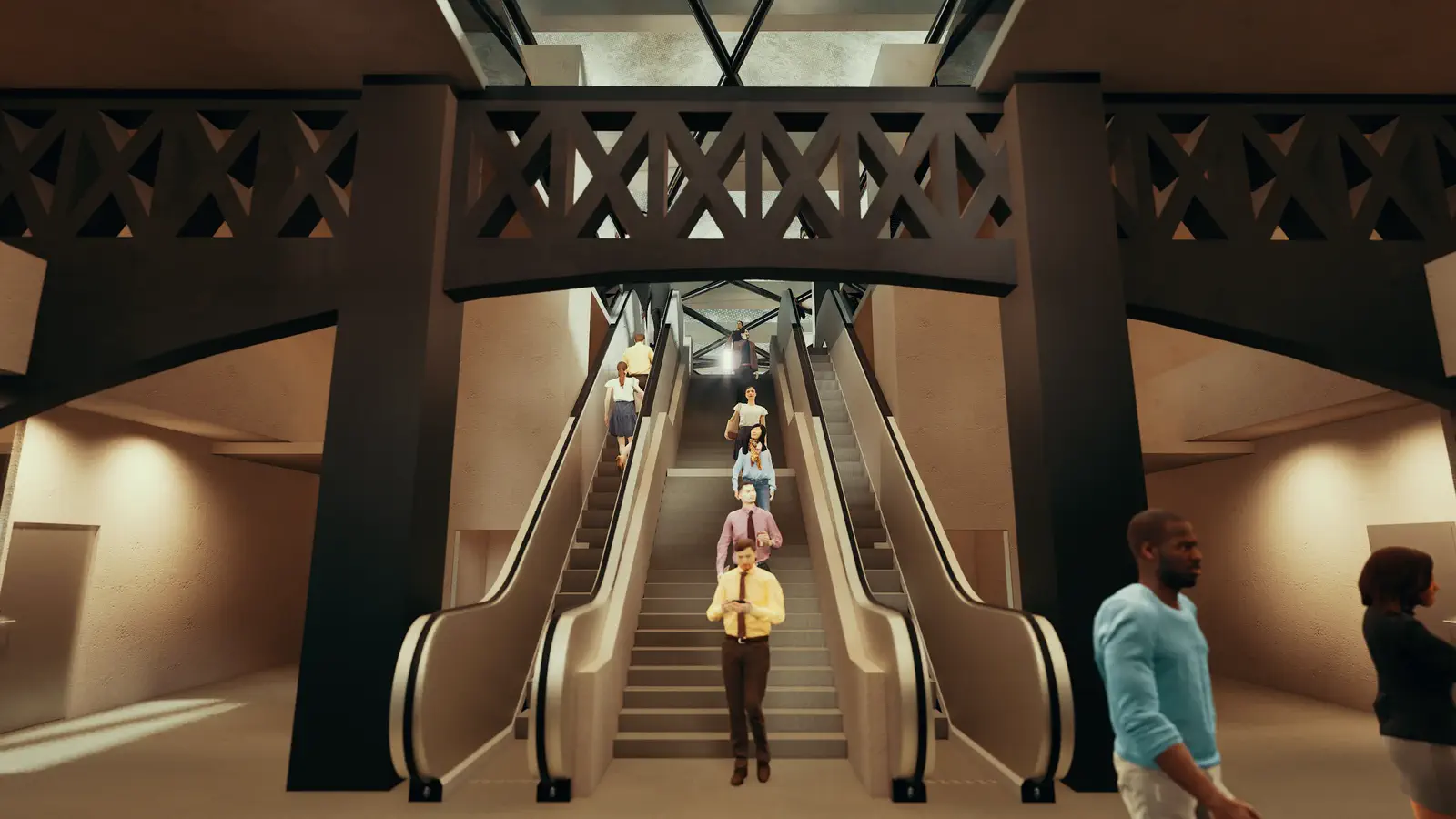 Escalator hall: escalators and stairs rising through the station, the ornate lattice steel truss balustrade overhead, warm light filtering through the truss structure from above