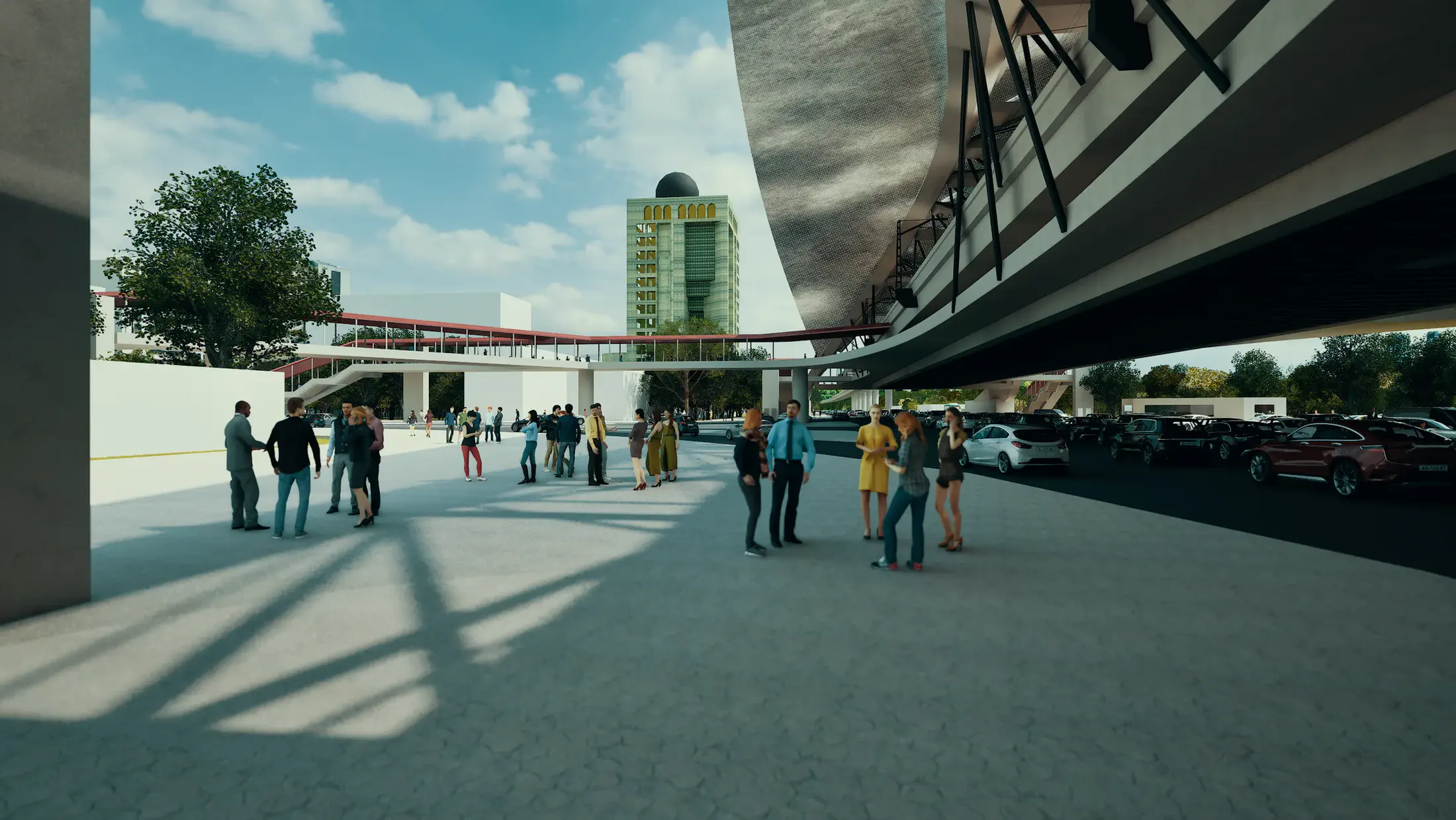 Ground-level plaza: commuters gathering beneath the curved soffit of the station head, the red ramp structure rising behind, the activated ground surface between interchange and TOD retail