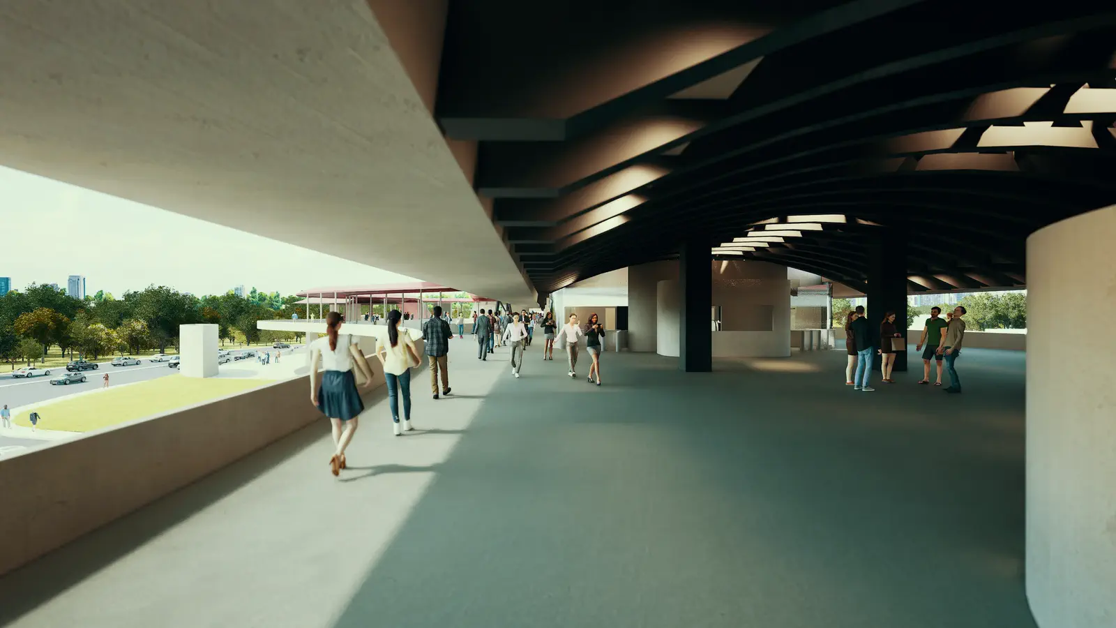Concourse level: commuters moving along the covered concourse beneath the dark timber-battened soffit, filtered light falling through the structural bays, the far station head visible at the end of the hall