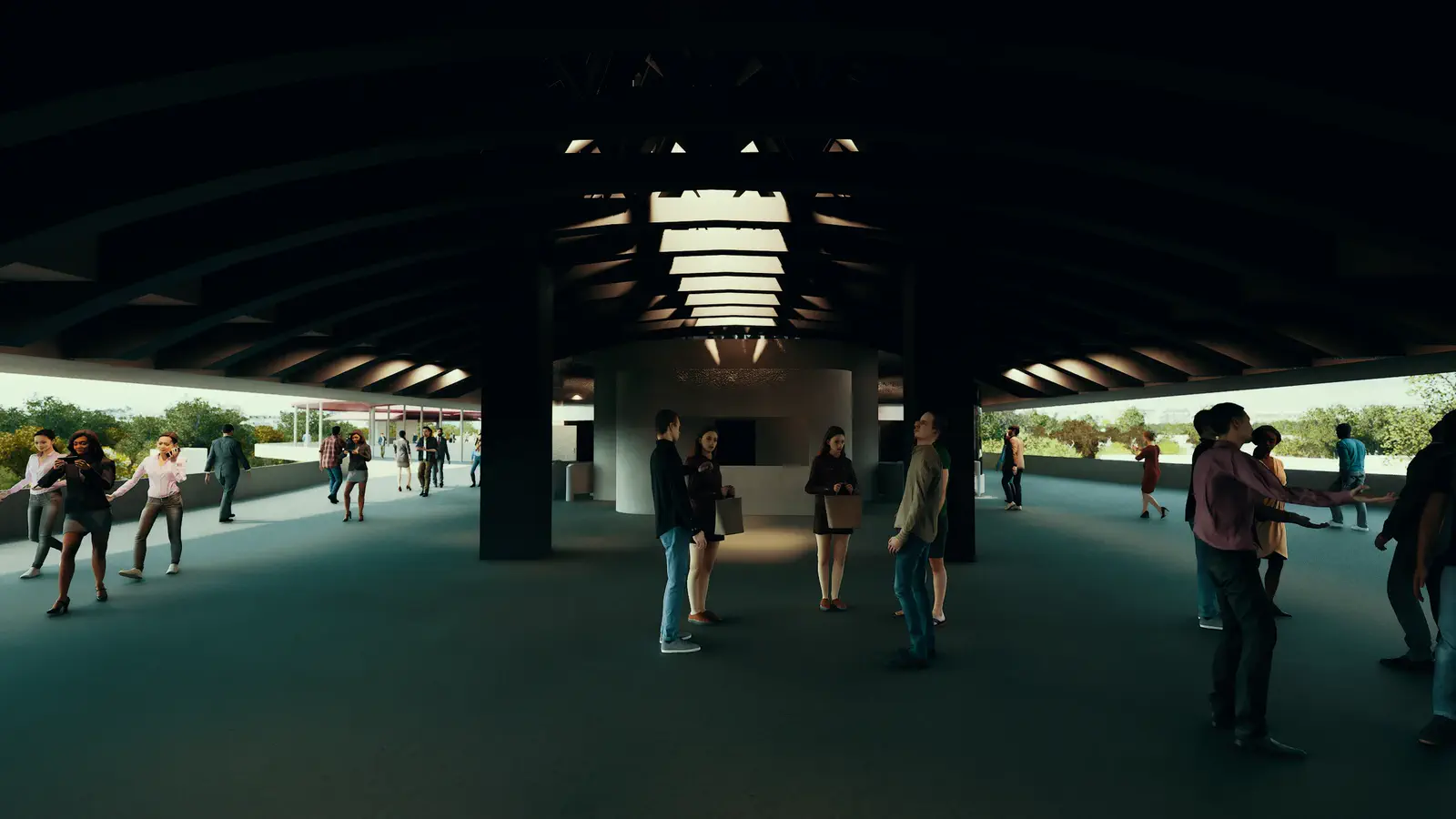 Concourse ticket hall: the fare gate and turnstile entry at the concourse level, ticket booths to the side, commuters passing through into the paid zone, columns and dark canopy soffit framing the threshold
