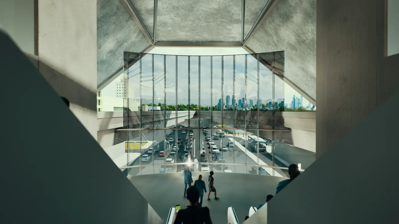 Station head interior: the concourse hall within the station-head building, floor-to-ceiling glazing opening directly onto the elevated roadway and Dhaka skyline, commuters descending toward the ground level