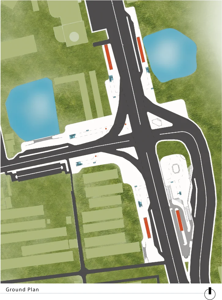 Ground-level circulation plan: pedestrian priority surface, vehicle drop-off zones, bus interchange bays, access ramps to the elevated concourse