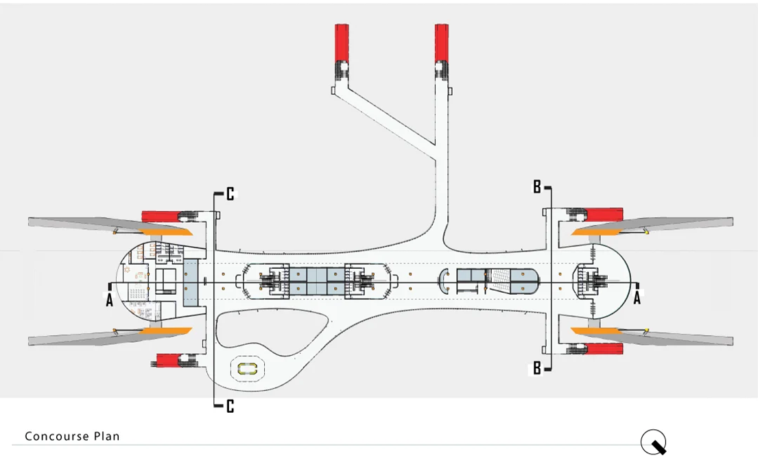 Concourse level plan: the full butterfly form with the two rounded station-head buildings at each end, platform spine at centre, section cut references A, B and C marked