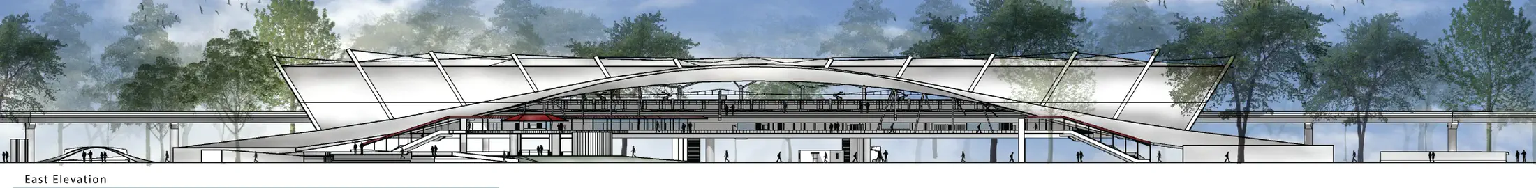 East elevation: matching the west in canopy profile, the bus interchange and ground-level activation visible at the base, Dhaka context implied beyond