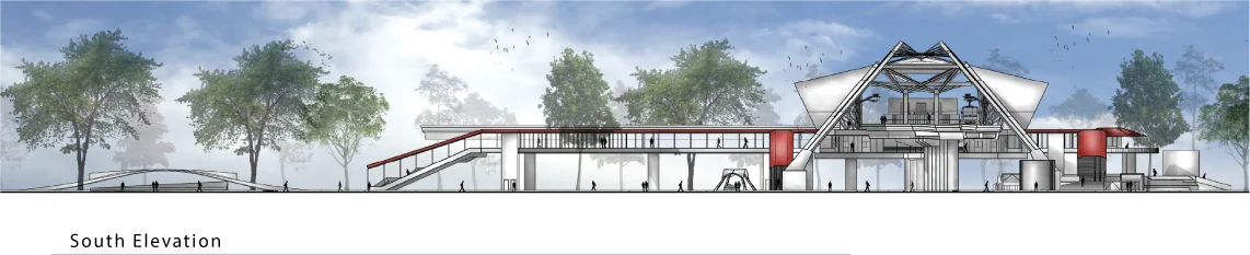 West elevation rendered: the station building with the folded metallic roof and red canopy band, the concourse level glazing, trees and pedestrians at grade