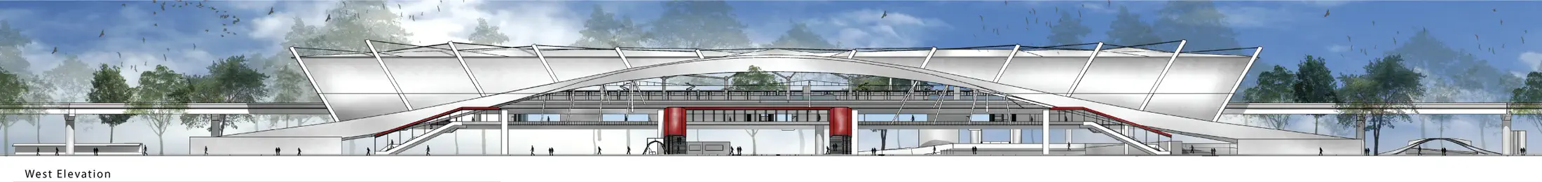 West elevation: the sweeping canopy form spanning the full platform length, the red concourse band visible, station head buildings at each end