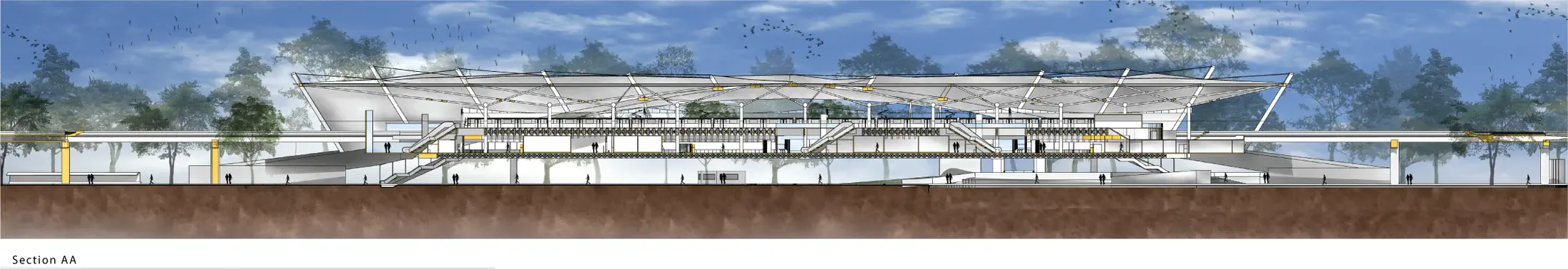 Section A-A: full longitudinal section through the station, showing underground parking at base, ground-level interchange, concourse, platform, and the folded steel canopy spanning the full length