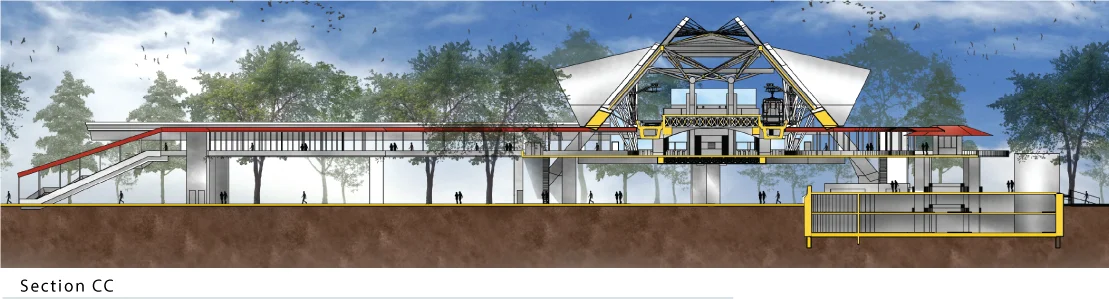 Section B-B: transverse section through the station body, revealing the full height from underground to canopy peak, platform level at centre, structural trusses above