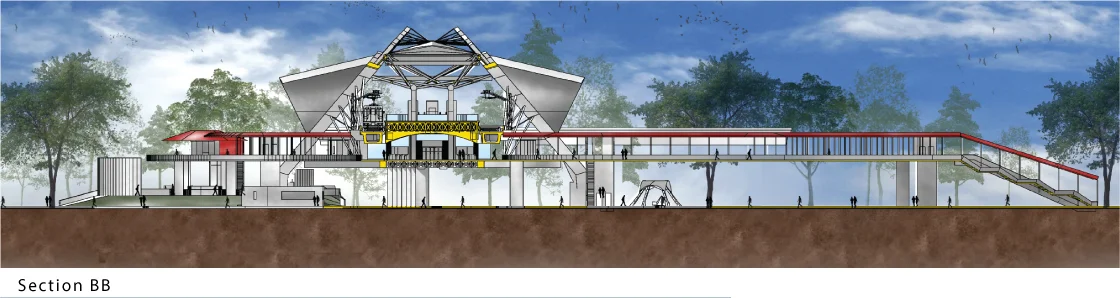 Section C-C: transverse section through the station head building, showing the programme stacking and the relationship between the station head and the platform spine