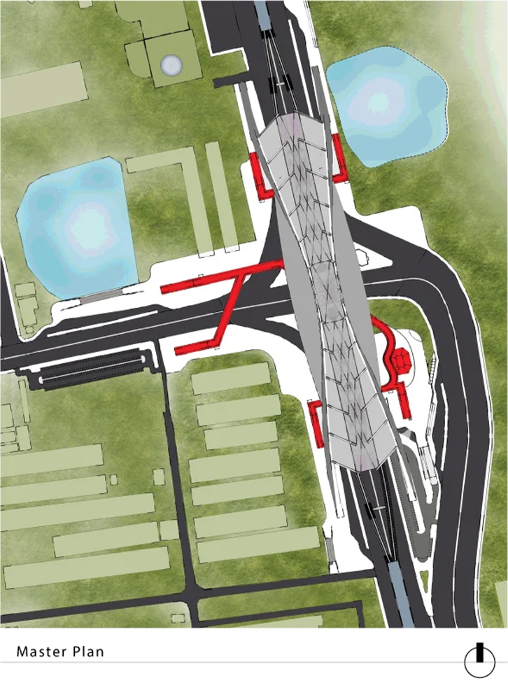 Site plan: station in Agargaon urban context, two ornamental lakes flanking the site, metro line running north-south, bus interchange to the east