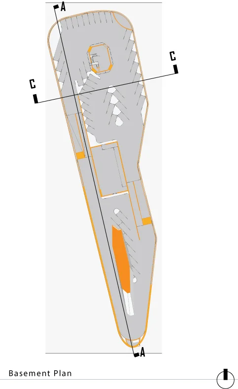 Station head plan detail: one of the two rounded programme buildings at the end of the platform spine, showing interior layout of retail, entertainment and civic uses