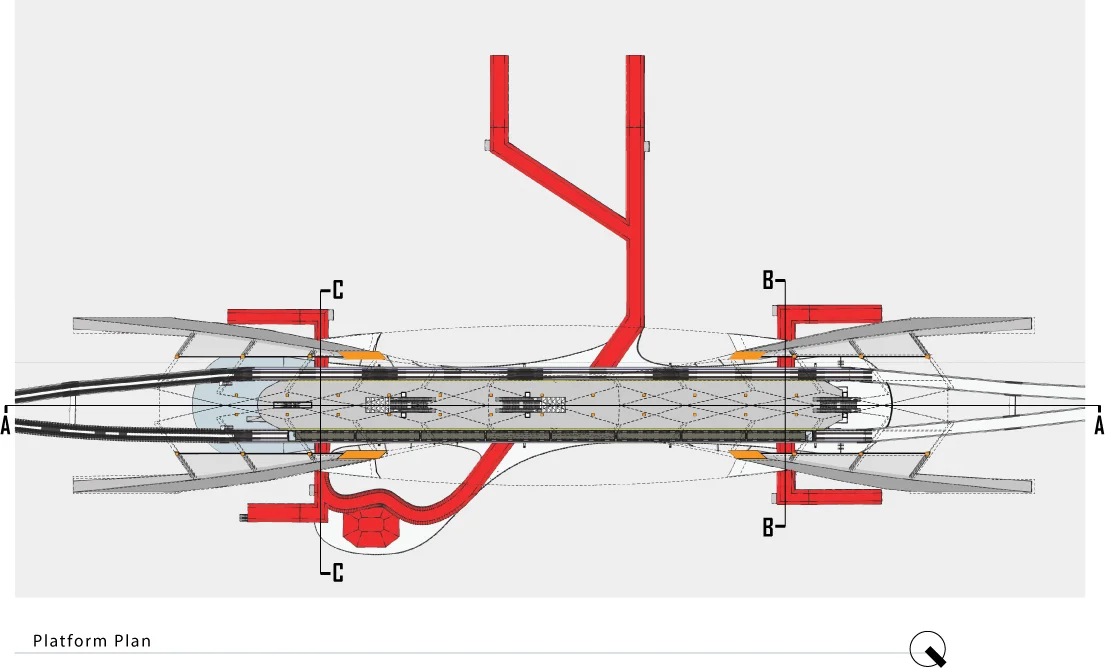 Structural plan: the same butterfly form with the red circulation spine highlighted, structural grid and canopy column positions shown