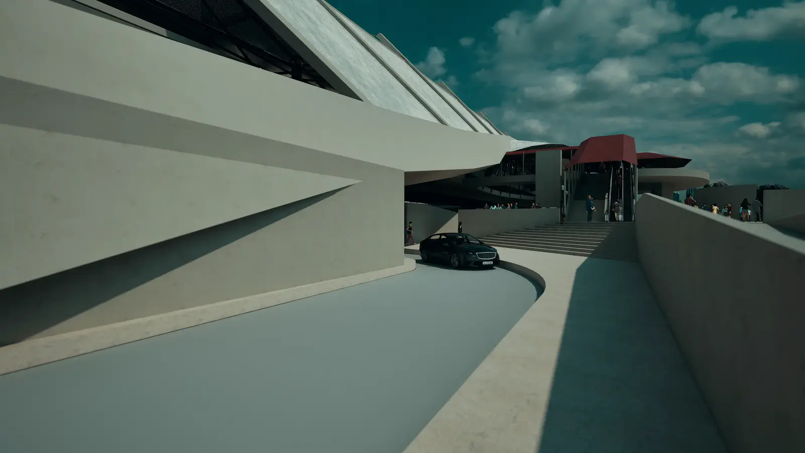 Exterior approach: a car navigating beneath the angular concrete underside of the station, the red canopy and entry stair visible beyond, the station head facade rising at the end of the approach