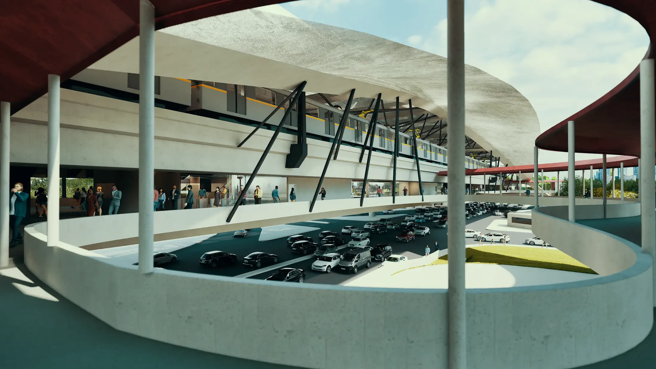 Foot-over bridge connection: the elevated pedestrian bridge linking the concourse to the surrounding urban fabric, the curved concrete underside of the station canopy overhead, the station head and red ramp visible at the far end