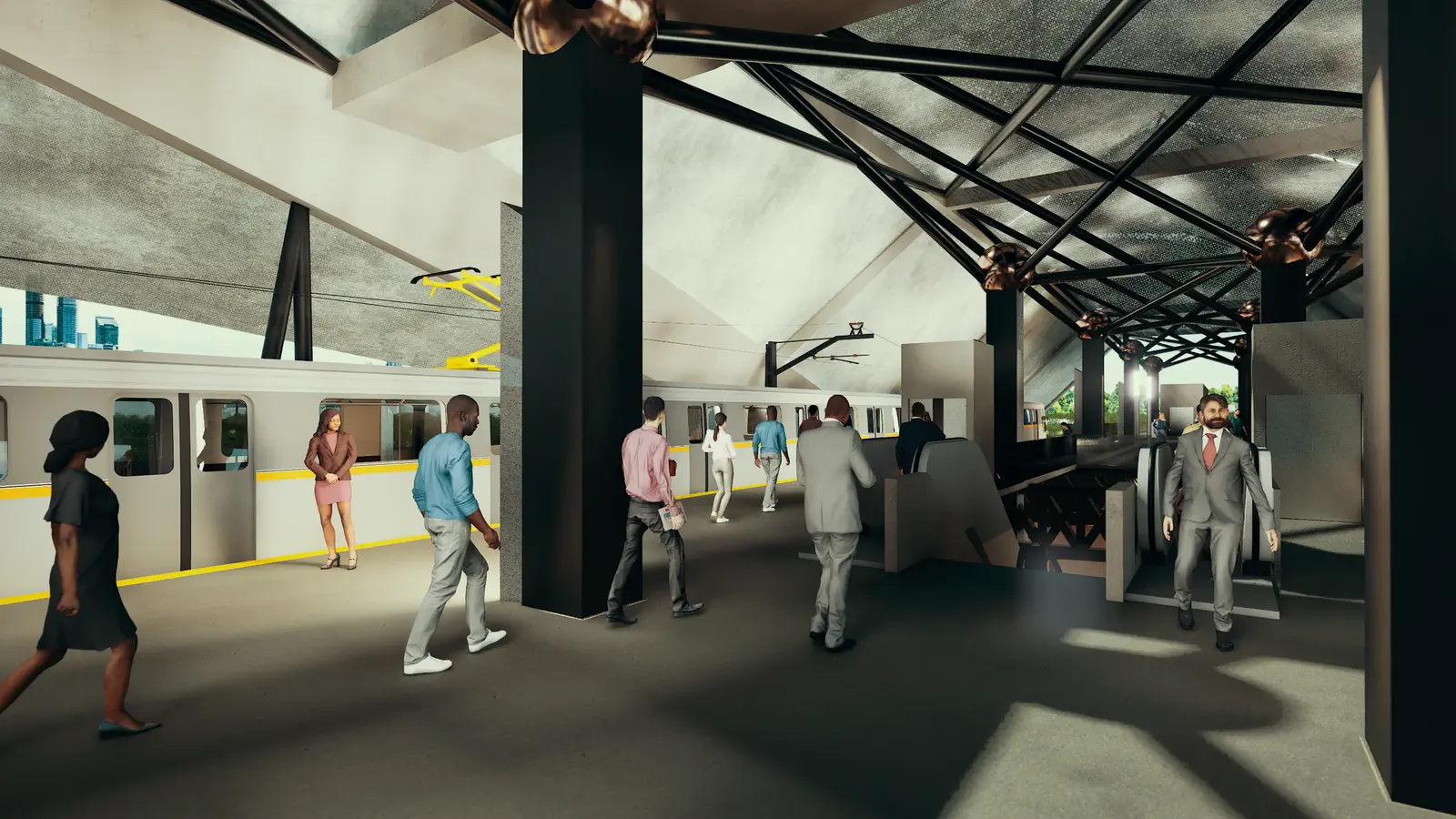Platform level: commuters alongside the train at the island platform edge, the copper-toned tubular steel truss structure overhead, the city visible through the open ends of the canopy