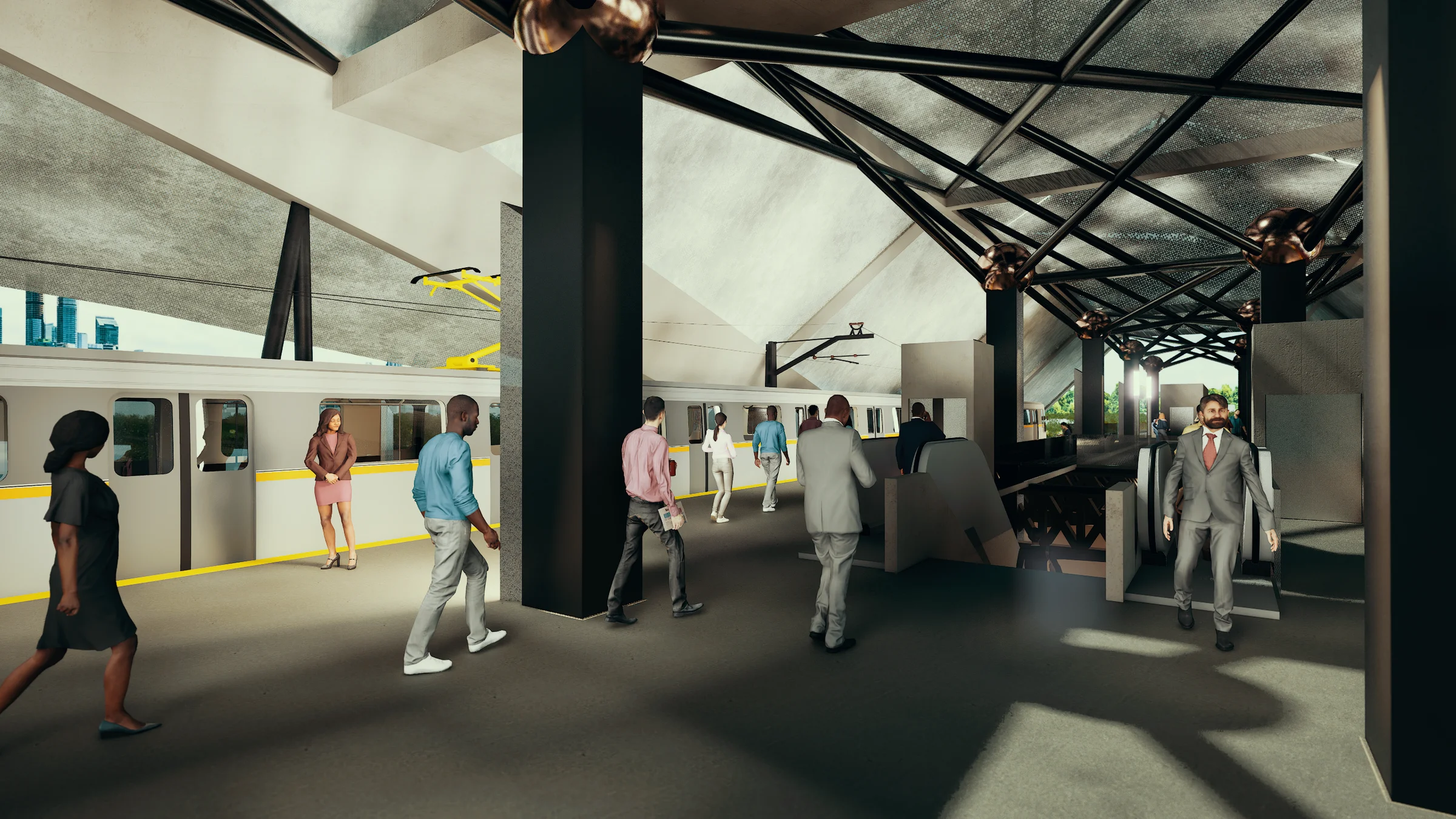 Platform level: commuters alongside the train at the island platform edge, the copper-toned tubular steel truss structure overhead, the city visible through the open ends of the canopy