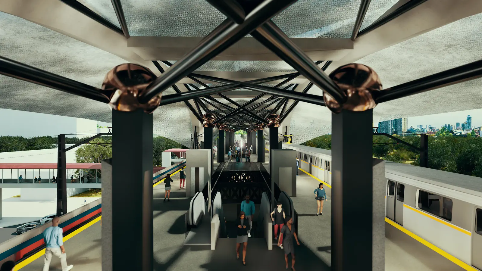 Platform spine looking west: the full length of the island platform beneath the diagonal steel truss roof, trains on both tracks, yellow safety line, Dhaka skyline at the far end