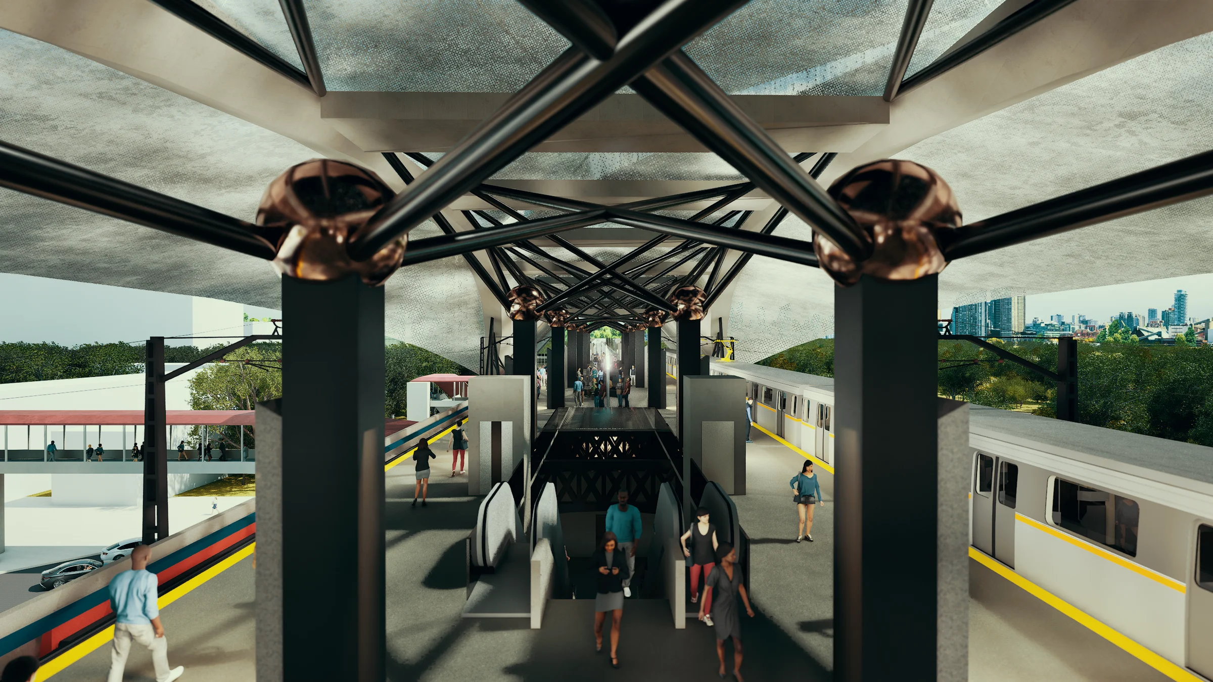 Platform spine looking west: the full length of the island platform beneath the diagonal steel truss roof, trains on both tracks, yellow safety line, Dhaka skyline at the far end