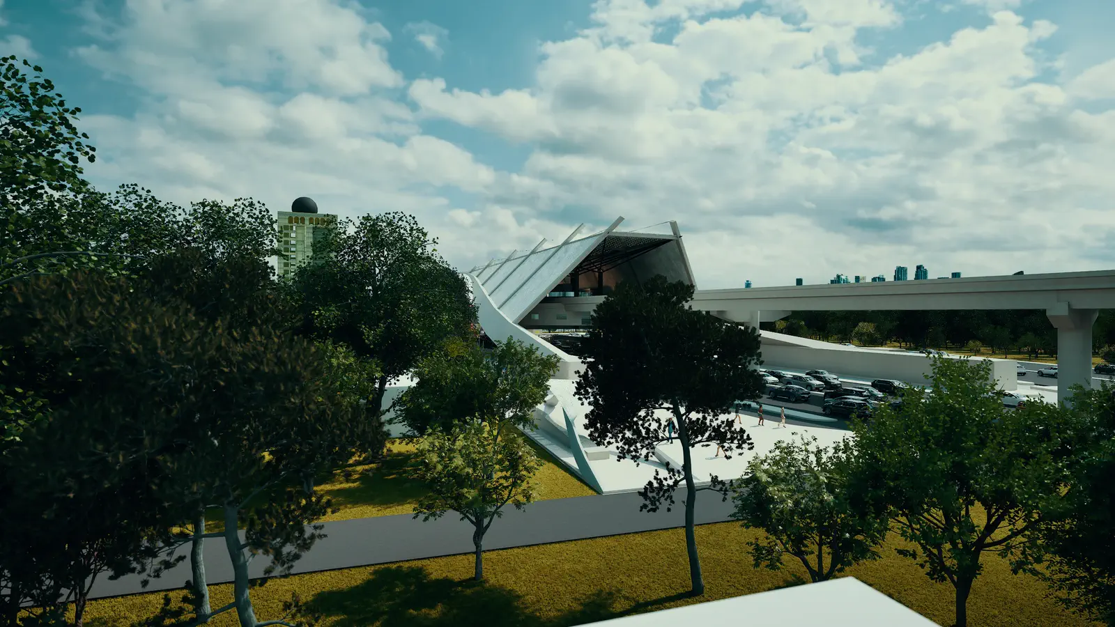 Station head from ground level: the angular folded roof of the station head seen from the approach road, mature trees framing the form, the elevated metro viaduct visible to the right