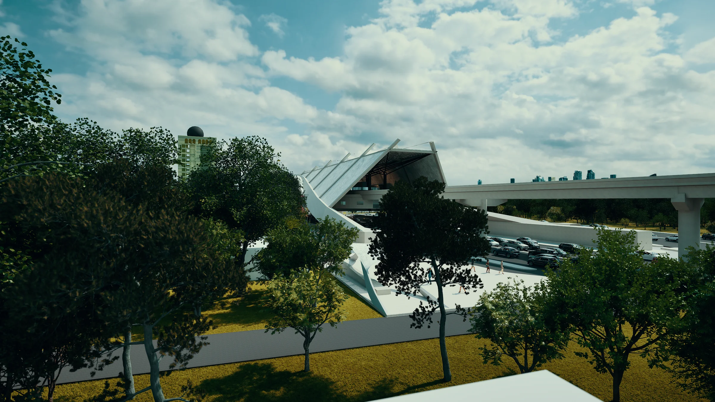 Station head from ground level: the angular folded roof of the station head seen from the approach road, mature trees framing the form, the elevated metro viaduct visible to the right