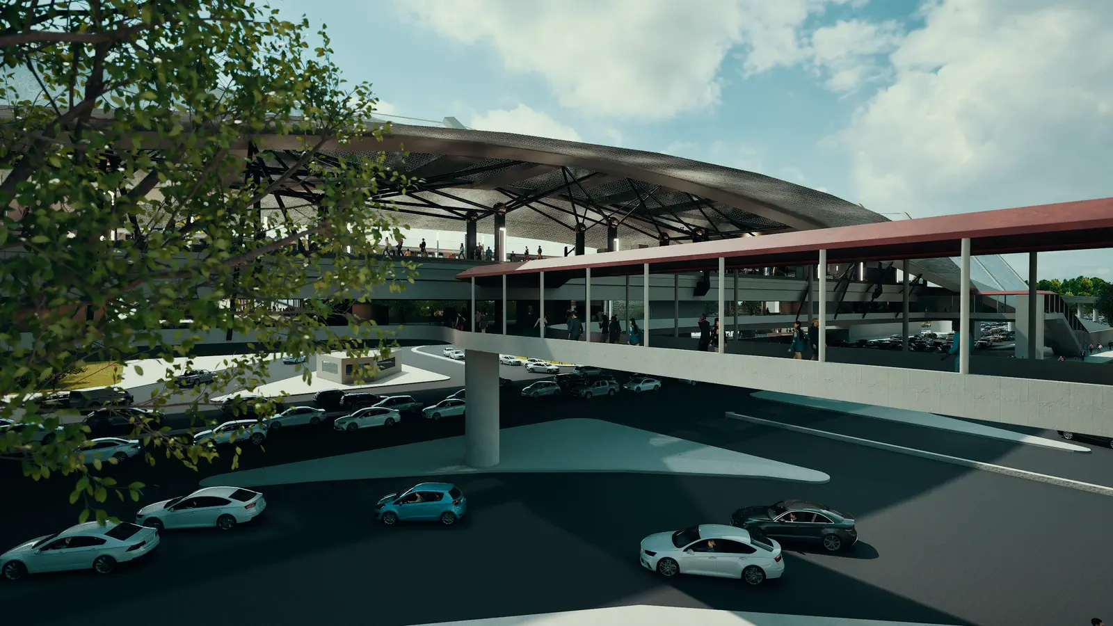 Street-level exterior: the concourse canopy and TOD volume from the roadside, parking consolidated beneath the elevated platform, the full span of the folded roof visible