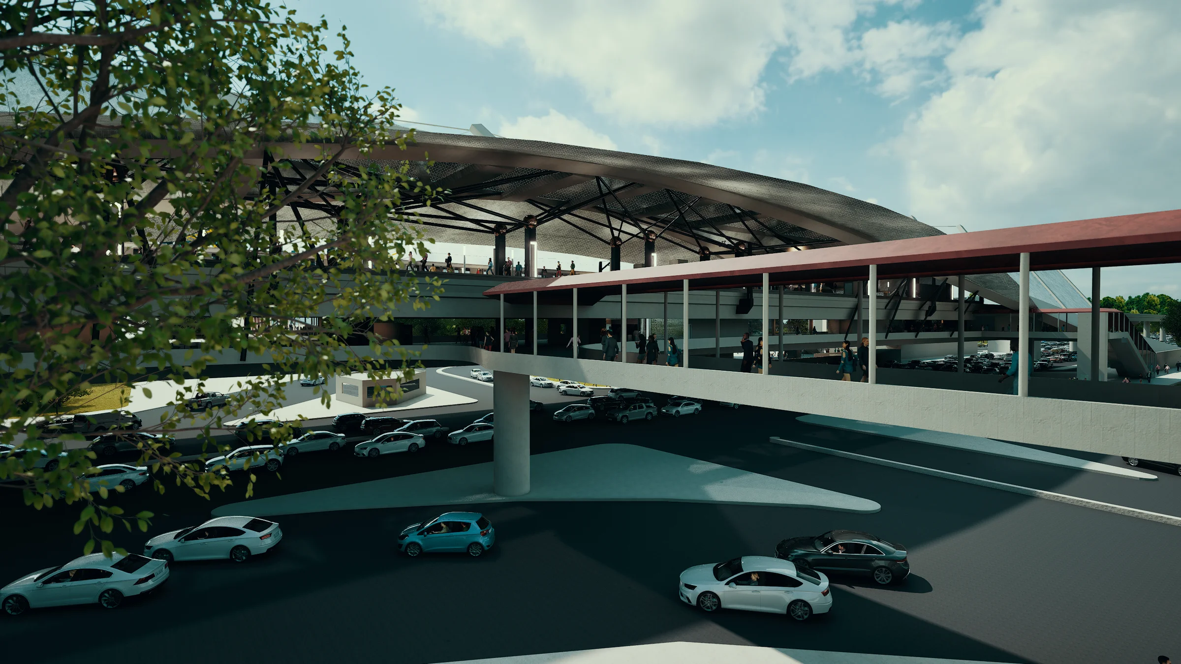Street-level exterior: the concourse canopy and TOD volume from the roadside, parking consolidated beneath the elevated platform, the full span of the folded roof visible