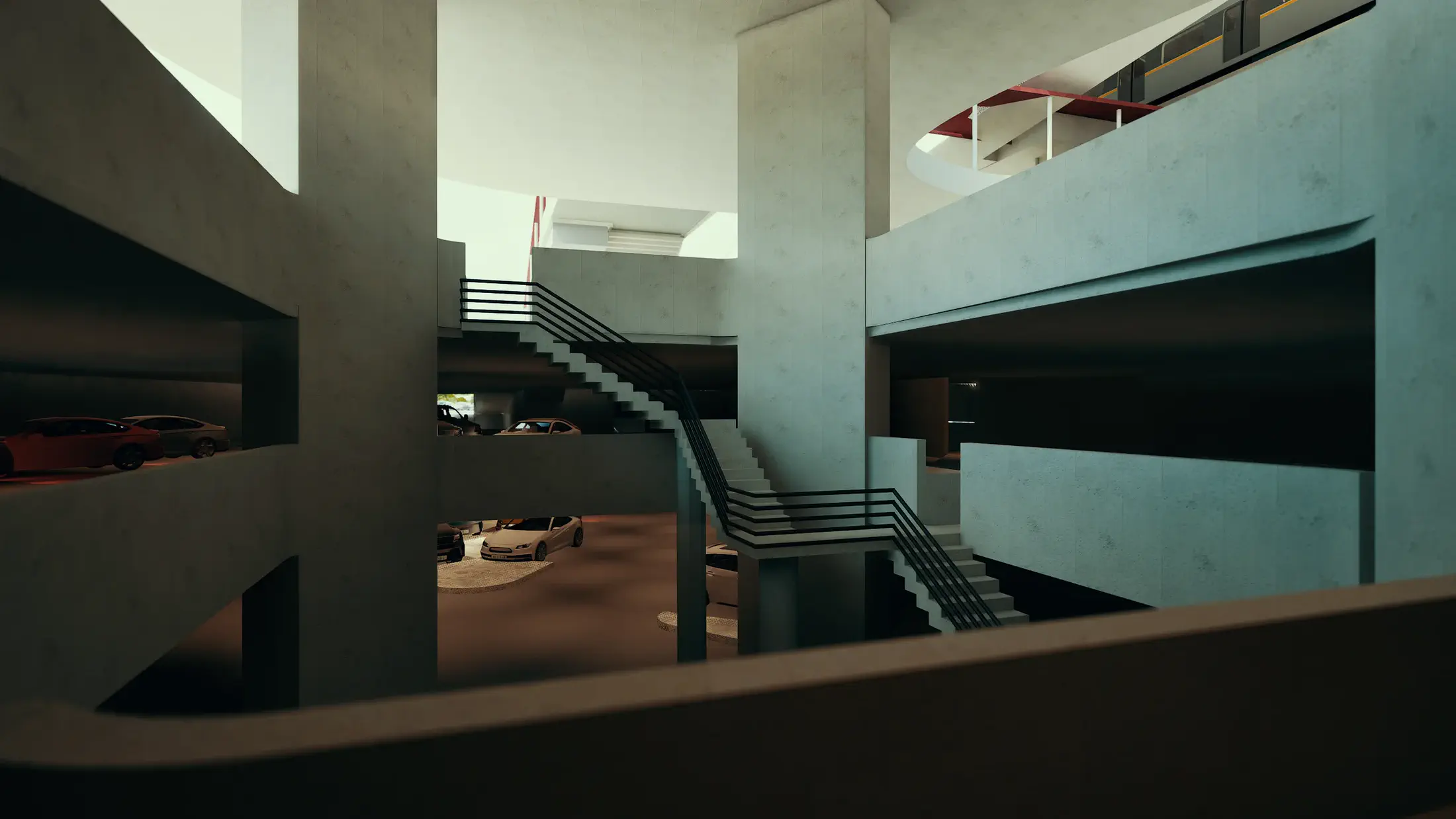 Underground parking levels: the concrete multi-level stairwell descending through the station plinth, natural light filtering from above through the stair void, parking floors visible on each side