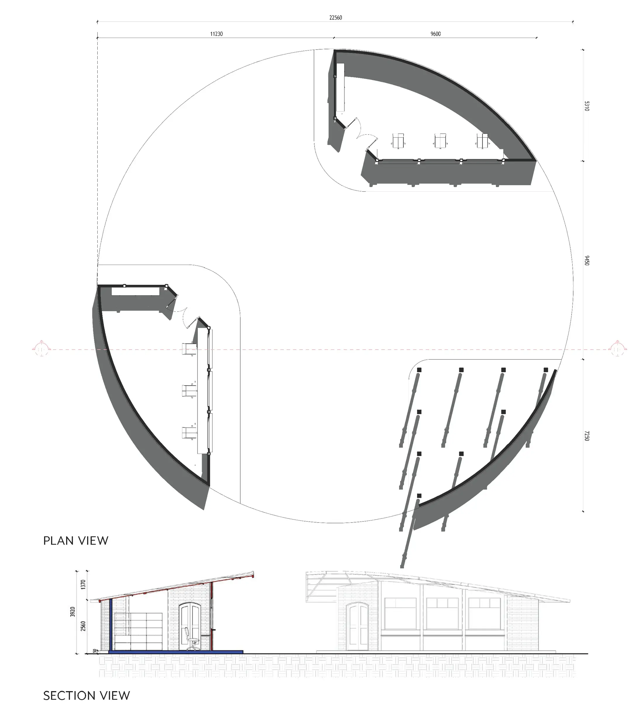Ticket booth plan and section view