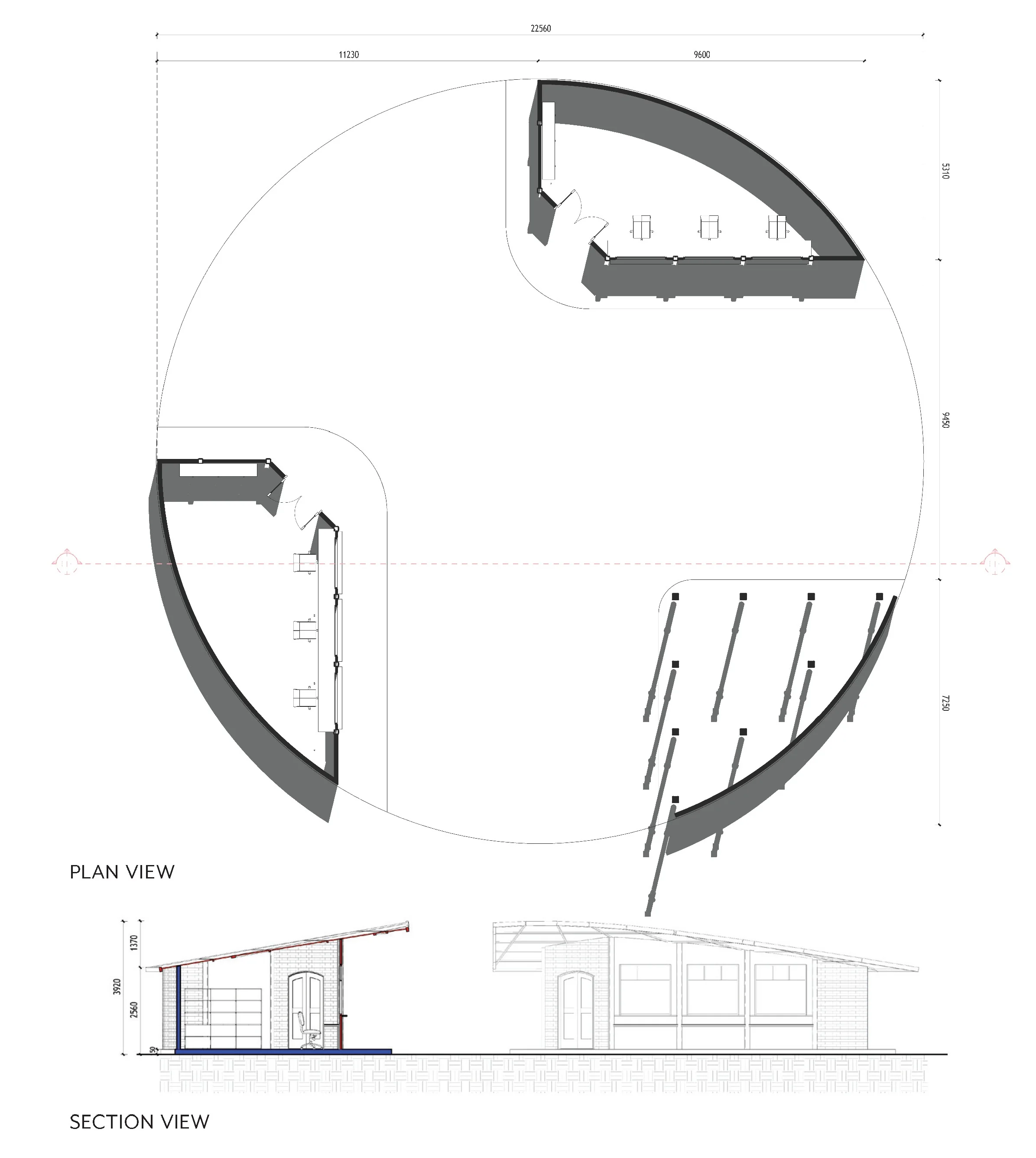 Ticket booth plan and section view